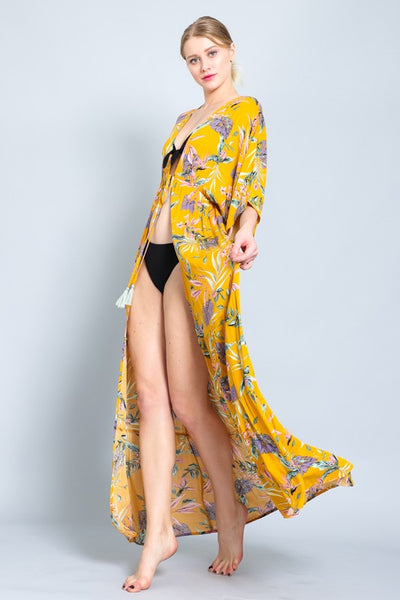 Mustard Floral Maxi Long Kimono Crepe Coverup Wrap Cardigan Womens