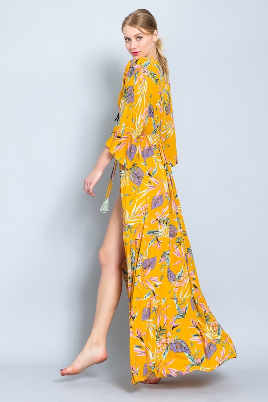 Mustard Floral Maxi Long Kimono Crepe Coverup Wrap Cardigan Womens