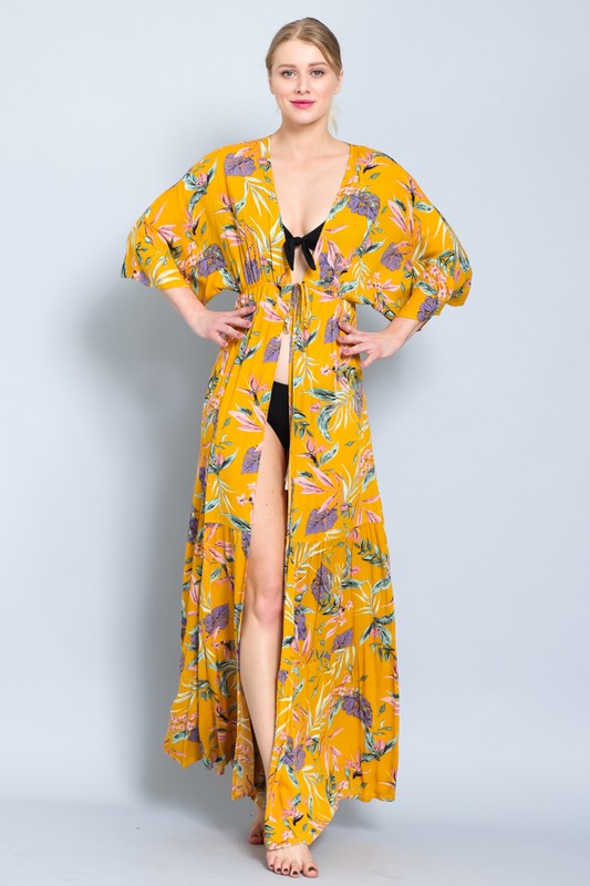 Mustard Floral Maxi Long Kimono Crepe Coverup Wrap Cardigan Womens