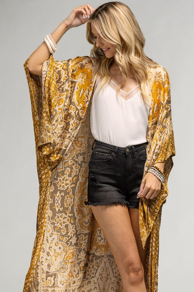 Mustard Mandala Bohemian Kimono Coverup Open Top Wrap One Size Women's Boho