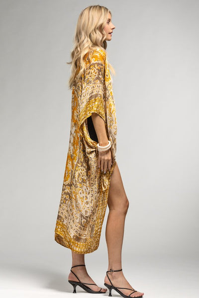 Mustard Mandala Bohemian Kimono Coverup Open Top Wrap One Size Women's Boho