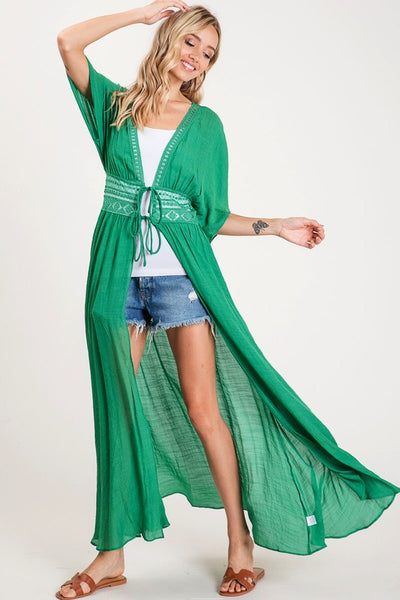 Green Crochet Boho Kimono Duster Short Sleeve Cardigan Wrap Womens