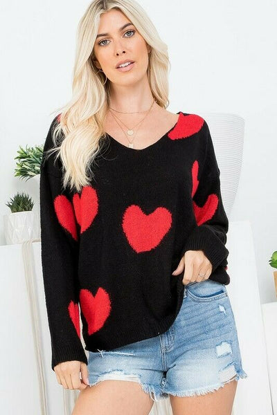 Black Red Multi Heart Knit V-Neck Valentines Day Long Sleeve Relaxed Sweater