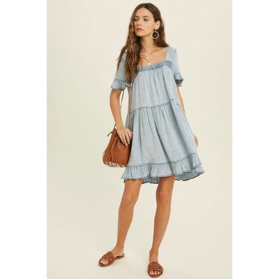 Denim Tencel Square Neck Short Sleeve Ruffle Trim Babydoll Casual Mini Dress