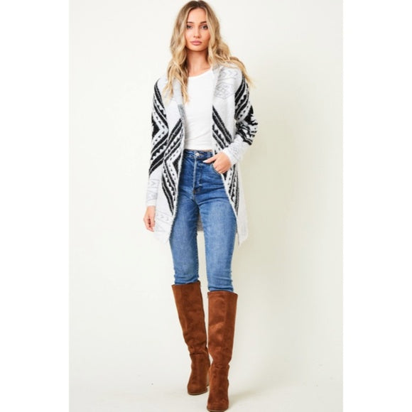 Fuzzy Soft Knit Hooded Long Sleeve Aztec Tribal Native Western Cardigan Sweater