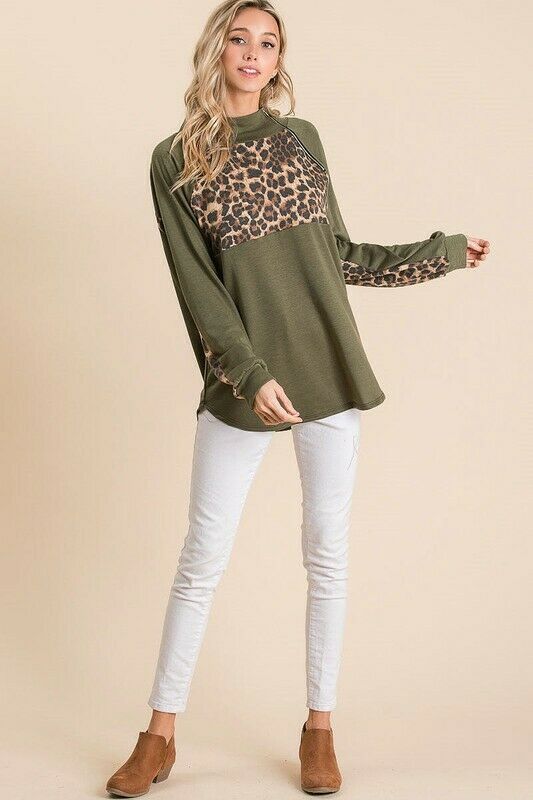 Olive Green Leopard Zipper French Terry Pullover Top Casual Womens