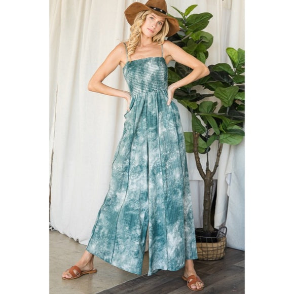 Green Tie Dye Wide Palazzo Flare Leg Smocked Bohemian Casual Jumpsuit w/ Pockets