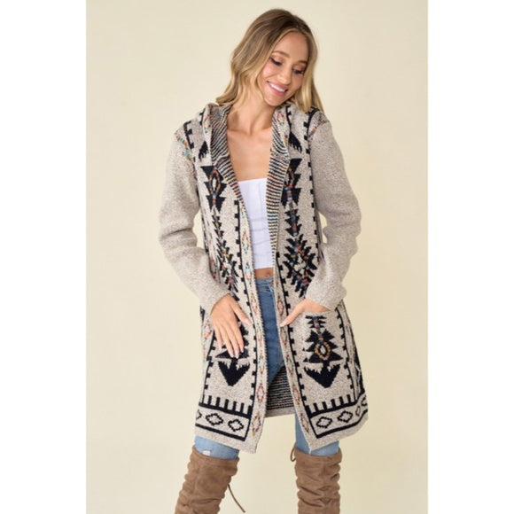 Oatmeal Aztec Rainbow Western Hooded Knit Cardigan Long Sleeve Open Sweater