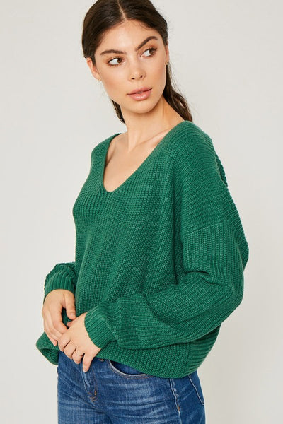 Hunter Green Twist Cross Back Sweater Oversize V Neck Winter Casual