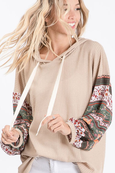 Taupe Boho Print Sleeve Thermal Waffle Hoodie Shirt Casual Womens