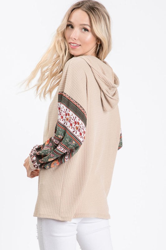 Taupe Boho Print Sleeve Thermal Waffle Hoodie Shirt Casual Womens