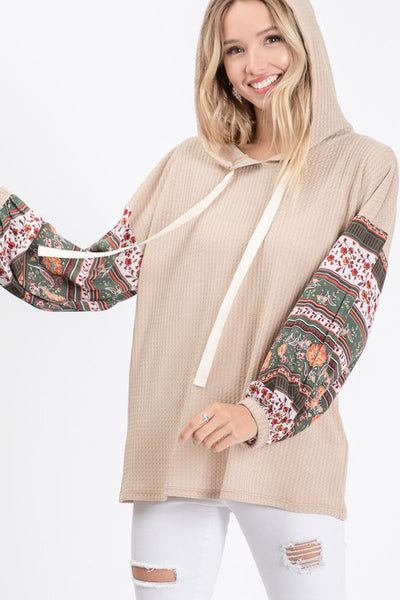 Taupe Boho Print Sleeve Thermal Waffle Hoodie Shirt Casual Womens