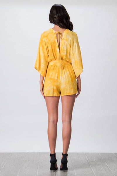 Yellow Tie Dye Surplice Kimono Romper Casual Womens