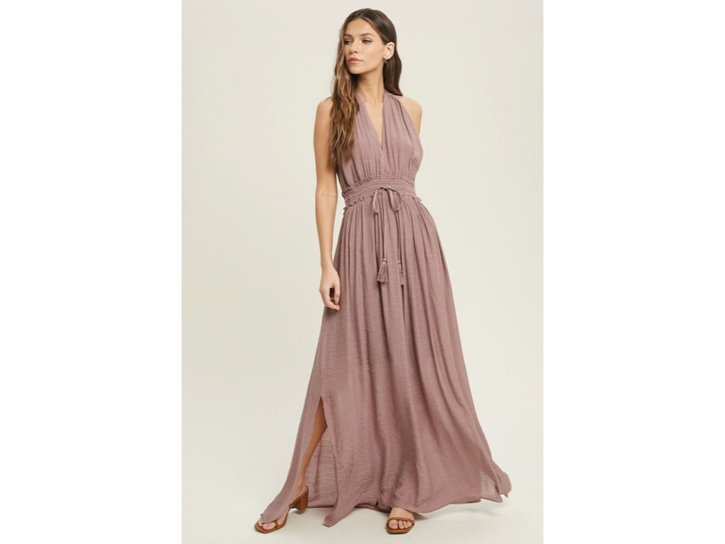 Dark Mauve Solid Halter Smocked Waist Maxi Casual Boho Dress w/ Side Slits