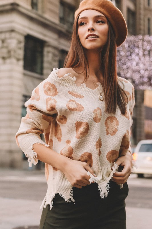 Ivory Leopard Print V-Neck Distressed Casual Soft Sweater Womens