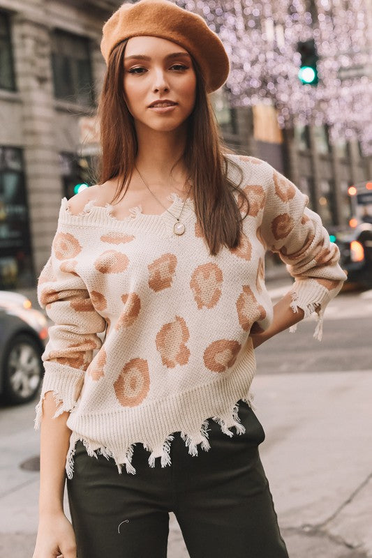 Ivory Leopard Print V-Neck Distressed Casual Soft Sweater Womens