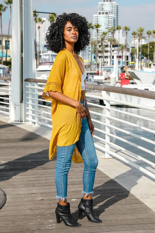 Mustard Scalloped Lace Trim Short Sleeve Kimono Wrap One Size