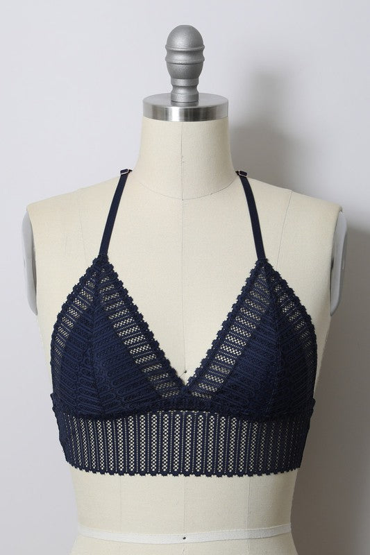 Navy Ribbed Lace Boho Racerback Triangle Bralette Womens