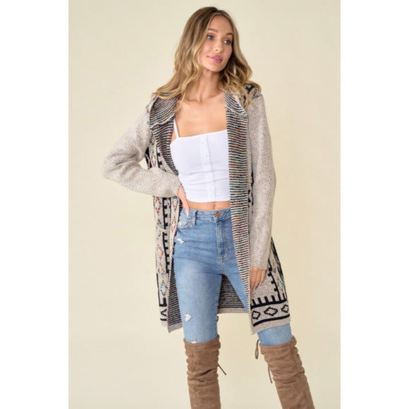 Oatmeal Aztec Rainbow Western Hooded Knit Cardigan Long Sleeve Open Sweater