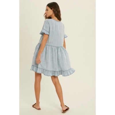 Denim Tencel Square Neck Short Sleeve Ruffle Trim Babydoll Casual Mini Dress