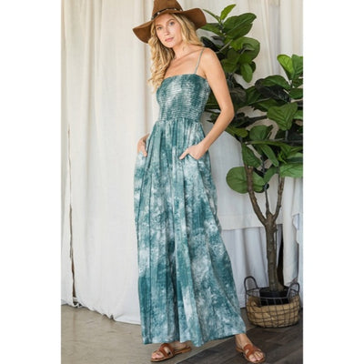 Green Tie Dye Wide Palazzo Flare Leg Smocked Bohemian Casual Jumpsuit w/ Pockets