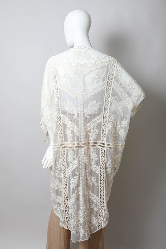 Natural Ivory Embroidered Mesh Leaf Boho Bohemian Sheer Kimono Womens One Size