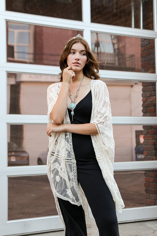 Natural Ivory Embroidered Mesh Leaf Boho Bohemian Sheer Kimono Womens One Size