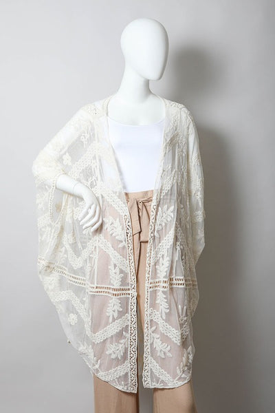 Natural Ivory Embroidered Mesh Leaf Boho Bohemian Sheer Kimono Womens One Size