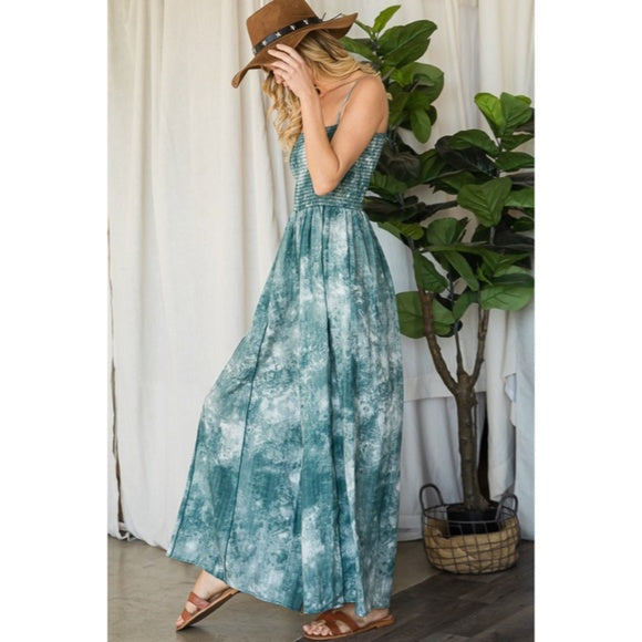 Green Tie Dye Wide Palazzo Flare Leg Smocked Bohemian Casual Jumpsuit w/ Pockets