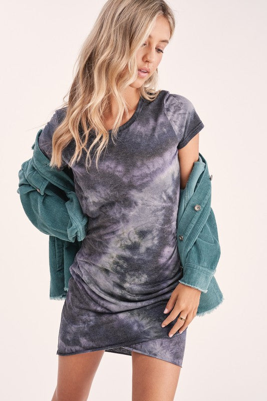 Harmony Charcoal Tie Dye Overlap Hem Short Sleeve Casual Womens Dress