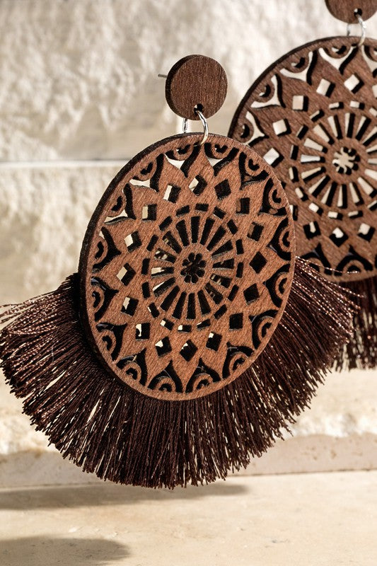 Brown Rustic Natural Wood Filigree Round Tassel Boho Bohemian Dangle Earrings