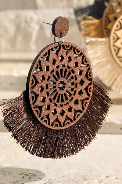 Brown Rustic Natural Wood Filigree Round Tassel Boho Bohemian Dangle Earrings