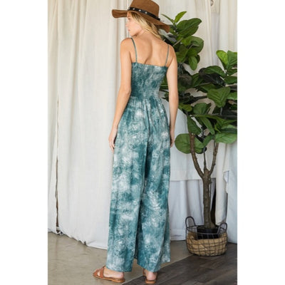 Green Tie Dye Wide Palazzo Flare Leg Smocked Bohemian Casual Jumpsuit w/ Pockets