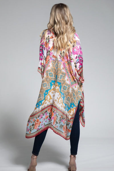 Ajoure Colorful Italian Baroque Floral Print Lightweight Kimono Open Wrap Top