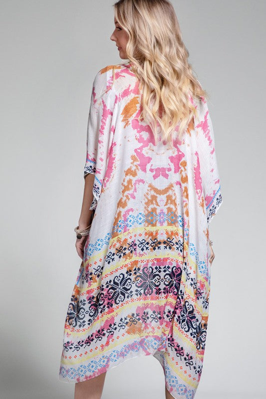 Colorful Tie Dye Bohemian Ethnic Border Motif Kimono Wrap Coverup Open Top