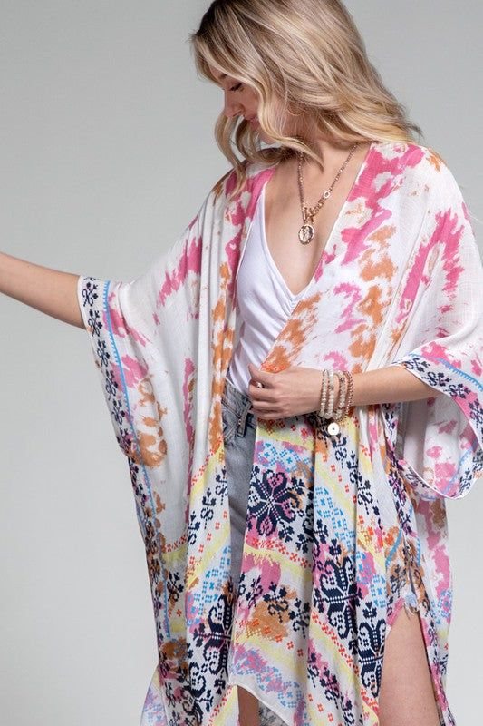 Colorful Tie Dye Bohemian Ethnic Border Motif Kimono Wrap Coverup Open Top