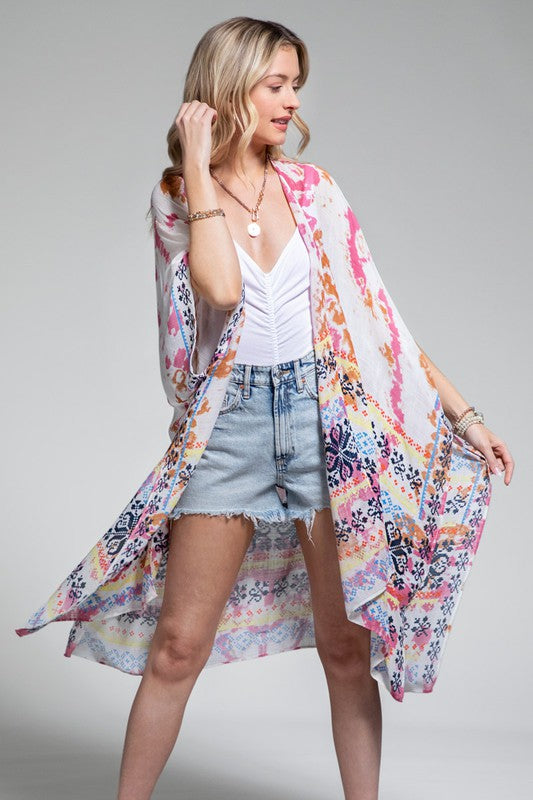 Colorful Tie Dye Bohemian Ethnic Border Motif Kimono Wrap Coverup Open Top