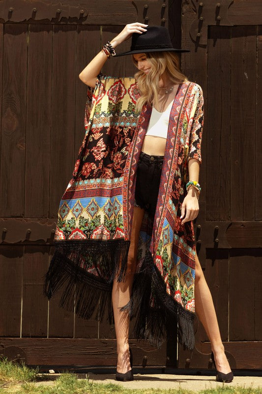 Multi Color Marigold Floral Damask Bohemian Jacquard Tassel Fringe Kimono Wrap