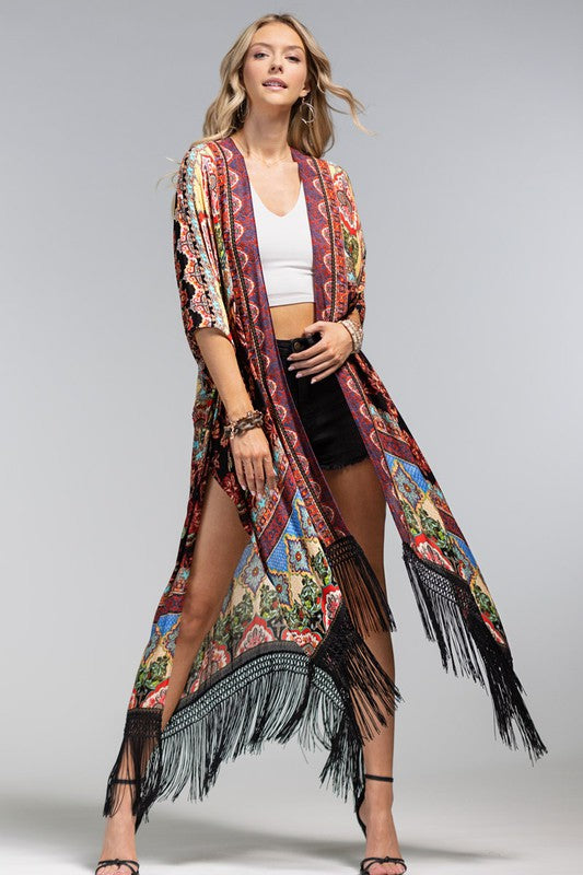 Multi Color Marigold Floral Damask Bohemian Jacquard Tassel Fringe Kimono Wrap