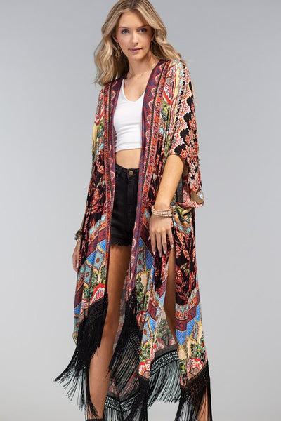 Multi Color Marigold Floral Damask Bohemian Jacquard Tassel Fringe Kimono Wrap