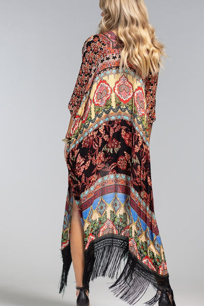 Multi Color Marigold Floral Damask Bohemian Jacquard Tassel Fringe Kimono Wrap