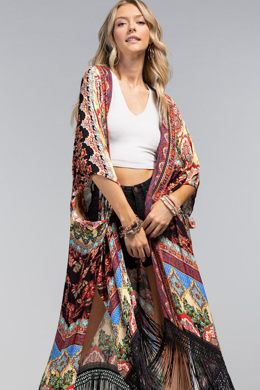 Multi Color Marigold Floral Damask Bohemian Jacquard Tassel Fringe Kimono Wrap