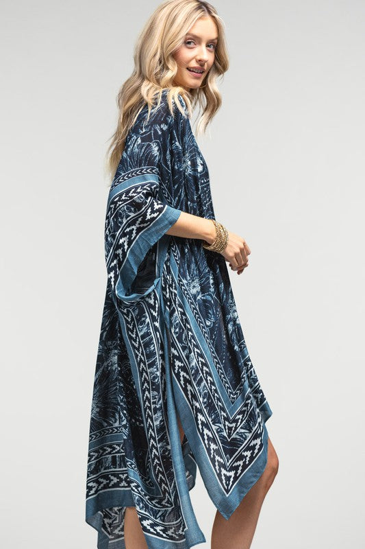 Navy Floral & Paisley Printed Ethnic Arrow Border Kimono Wrap Coverup Top