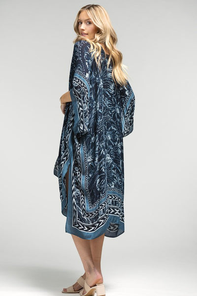 Navy Floral & Paisley Printed Ethnic Arrow Border Kimono Wrap Coverup Top