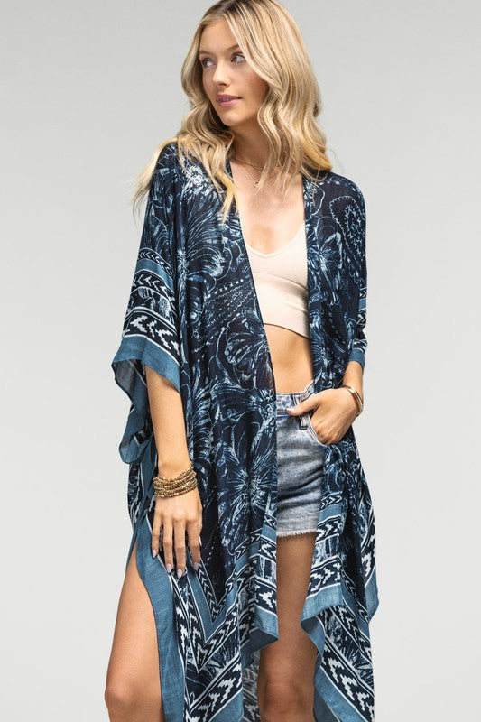 Navy Floral & Paisley Printed Ethnic Arrow Border Kimono Wrap Coverup Top