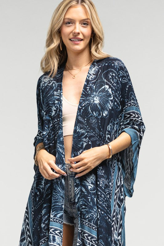 Navy Floral & Paisley Printed Ethnic Arrow Border Kimono Wrap Coverup Top