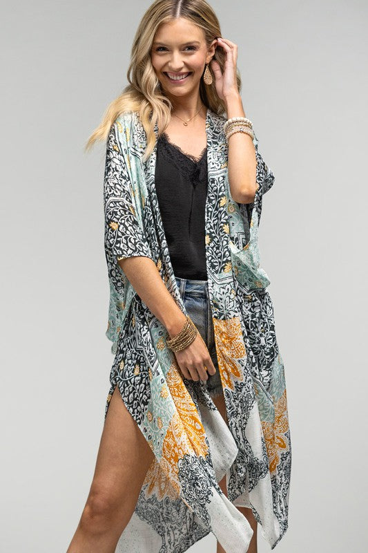 Multi Floral Damask & Paisley Printed Kimono Open Wrap Summer Coverup Top