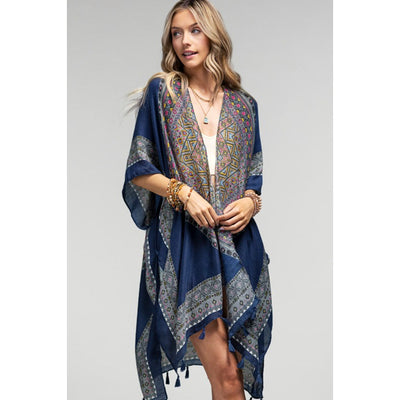 Azura Navy Ethnic Motif Print Tassel Kimono Wrap Open Coverup Top One Size