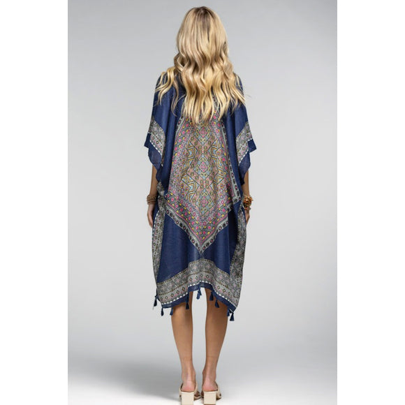 Azura Navy Ethnic Motif Print Tassel Kimono Wrap Open Coverup Top One Size