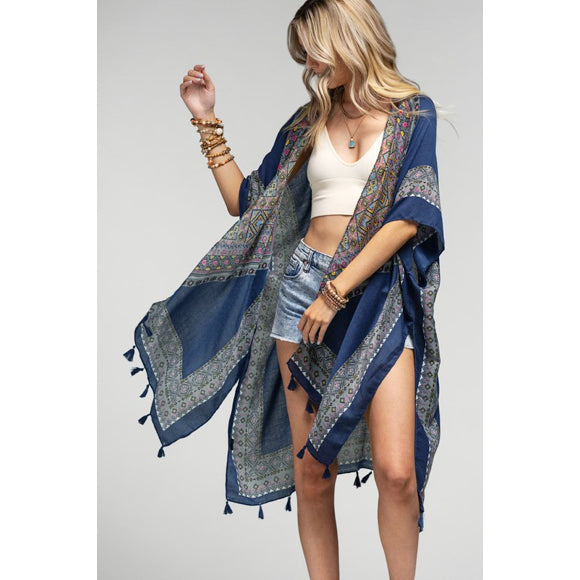 Azura Navy Ethnic Motif Print Tassel Kimono Wrap Open Coverup Top One Size